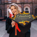 Rustic chic sunflowers elegant graduate summer graduation cap topper<br><div class="desc">Rustic floral country style college,  university,  or high school summer graduation cap topper featuring big yellow gold sunflowers bouquets and a classy faux gold calligraphy script over a dark grey charcoal chalkboard background.                    Easy to personalize with graduate's details!</div>