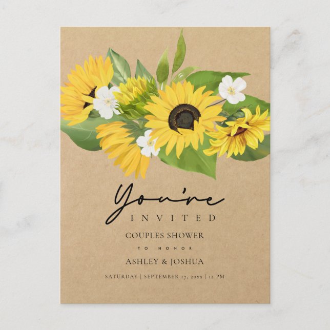 Rustic Chic Sunflowers Kraft Paper Couple's Shower Invitation Postcard (Front)