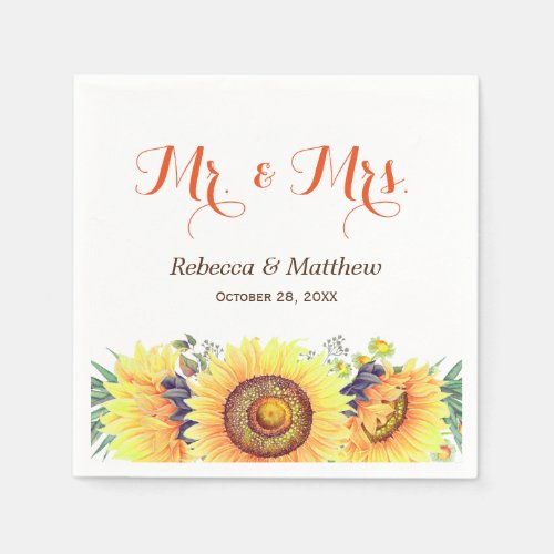 Rustic Chic Sunflowers Mr and Mrs Wedding Paper Napkins
