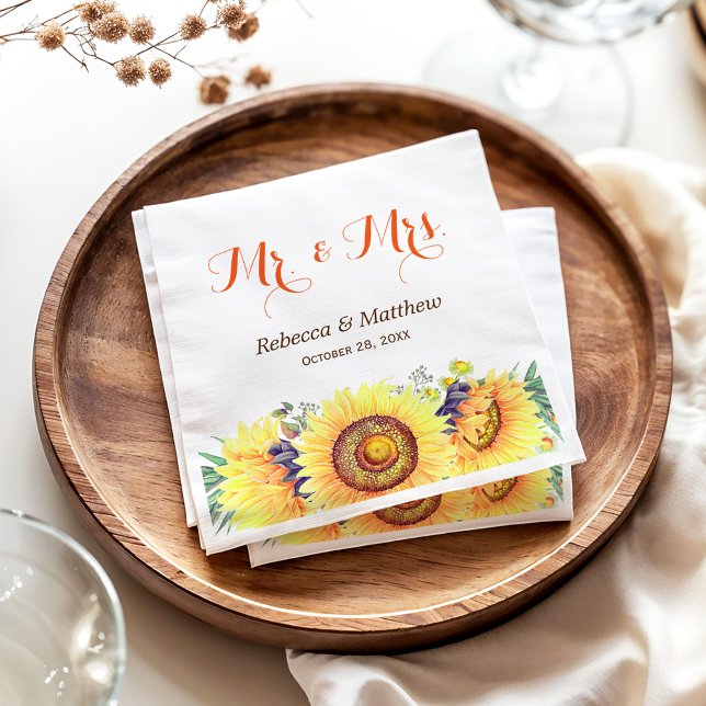 Rustic Chic Sunflowers Mr and Mrs Wedding Paper Napkins (Creator Uploaded)