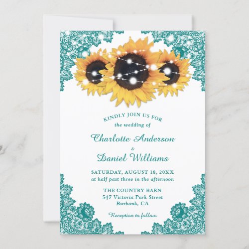 Rustic Chic Teal Lace Sunflower Wedding Invitation