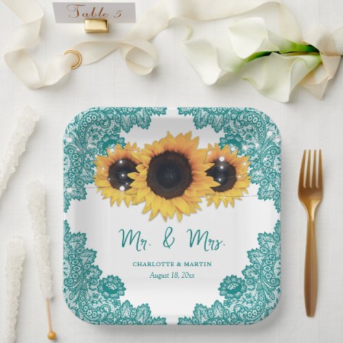 Rustic Chic Teal Lace Sunflower Wedding Paper Plates