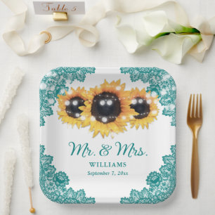 Rustic Chic Teal Lace Sunflower Wedding Paper Plates