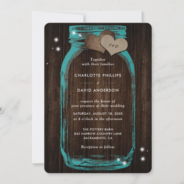 Rustic Chic Teal Mason Jar Wood Wedding Invitation (Front)