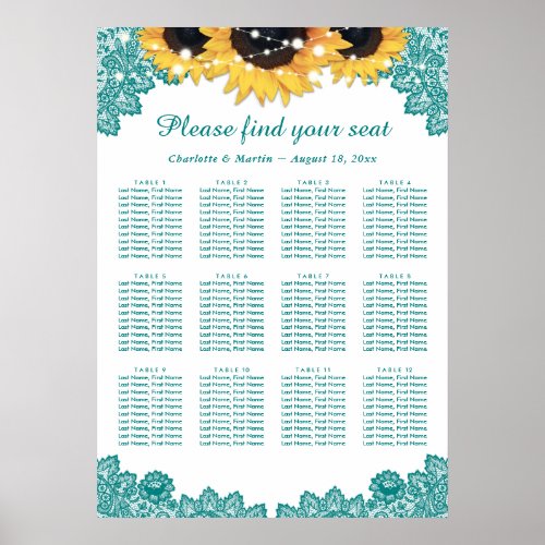 Rustic Chic Teal Sunflower Seating Chart 12