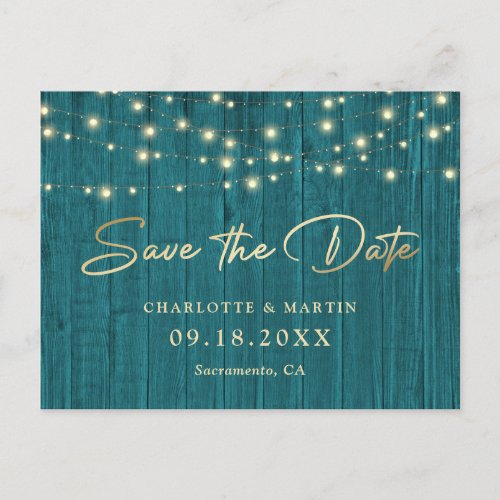 Rustic Chic Teal Wood Lights Wedding Save The Date Announcement Postcard