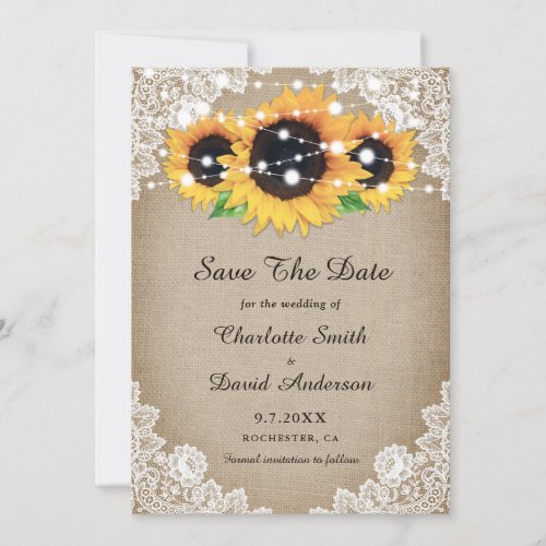 Rustic Chic Vintage Burlap and Lace Sunflower Save The Date