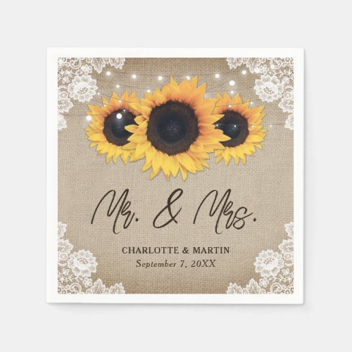 Rustic Chic Vintage Burlap Lace Sunflower Wedding Napkins