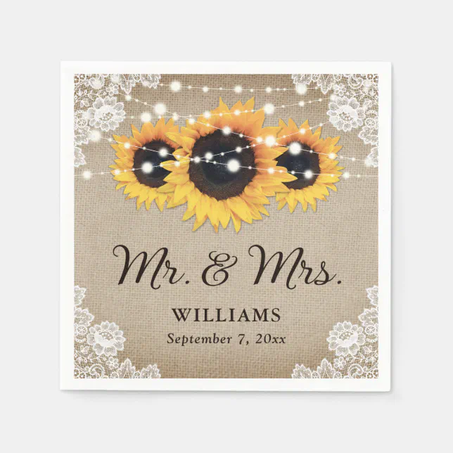 Rustic Chic Vintage Burlap Lace Sunflower Wedding Napkins | Zazzle