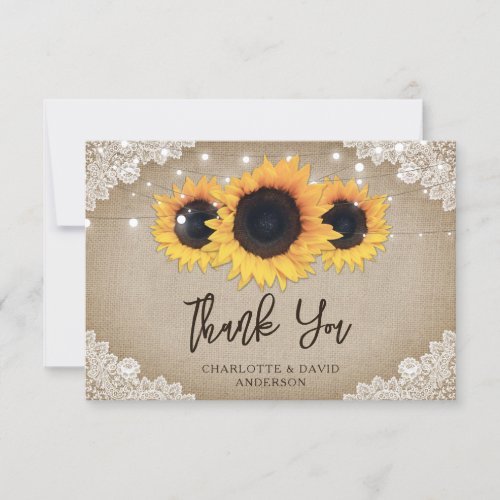 Rustic Chic Vintage Burlap Lace Sunflower Wedding Thank You Card