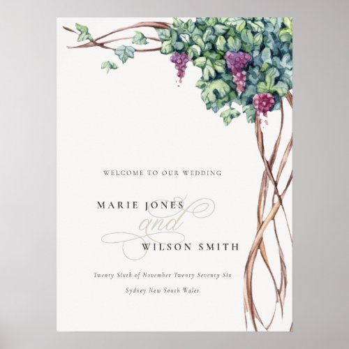 Rustic Chic Watercolor Grapevine Wedding Welcome Poster
