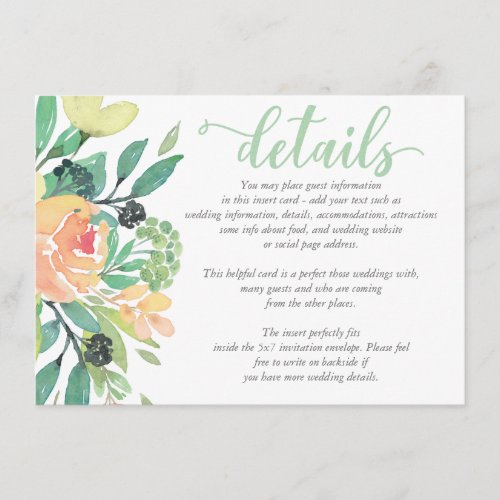 Rustic chic Watercolor Peony Wedding DETAILS Card