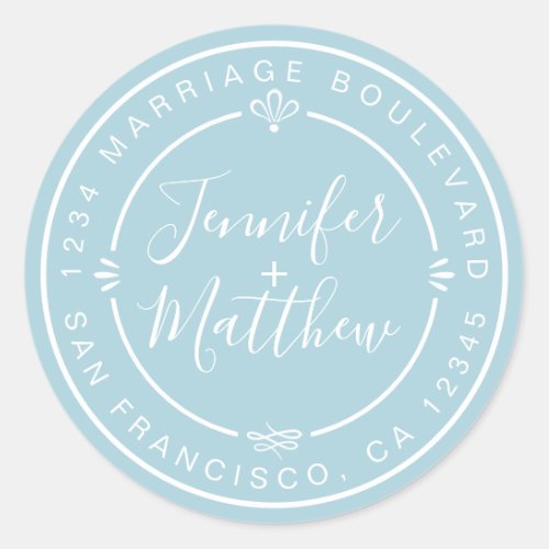 Rustic Chic Wedding Monogram Return Address Blue Classic Round Sticker