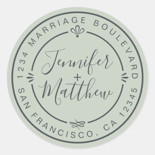 Rustic Chic Wedding Monogram Return Address Green Classic Round Sticker