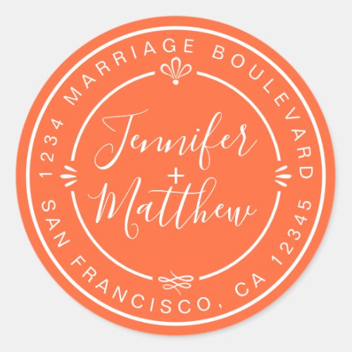 Rustic Chic Wedding Monogram Return Address Orange Classic Round Sticker