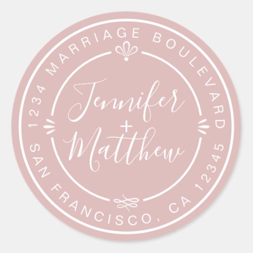 Rustic Chic Wedding Monogram Return Address Pink Classic Round Sticker