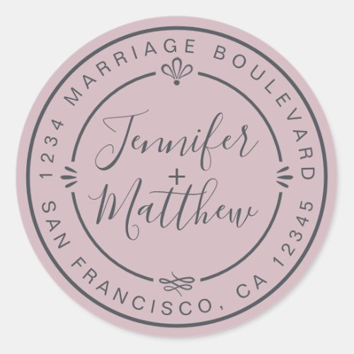 Rustic Chic Wedding Monogram Return Address Purple Classic Round Sticker