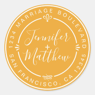 Rustic Chic Wedding Monogram Return Address Yellow Classic Round Sticker