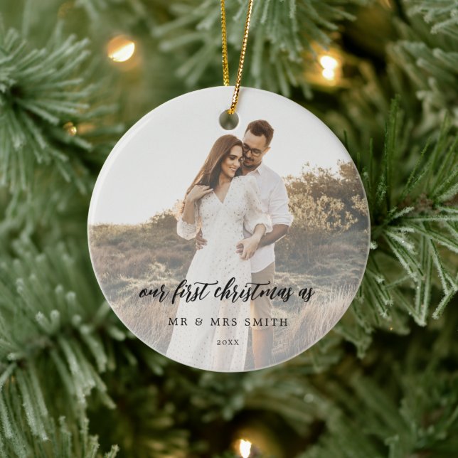 Rustic Chic Wedding Photo Newlyweds Ceramic Ornament (Tree)