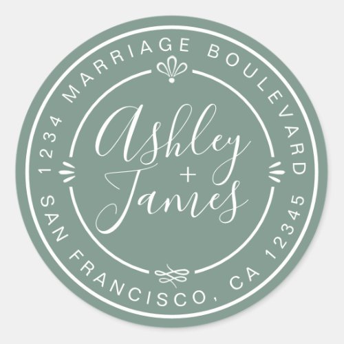 Rustic Chic Wedding Return Address Dusty Green Classic Round Sticker