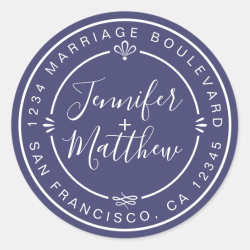 Rustic Chic Wedding Return Address Navy Blue Class Classic Round Sticker