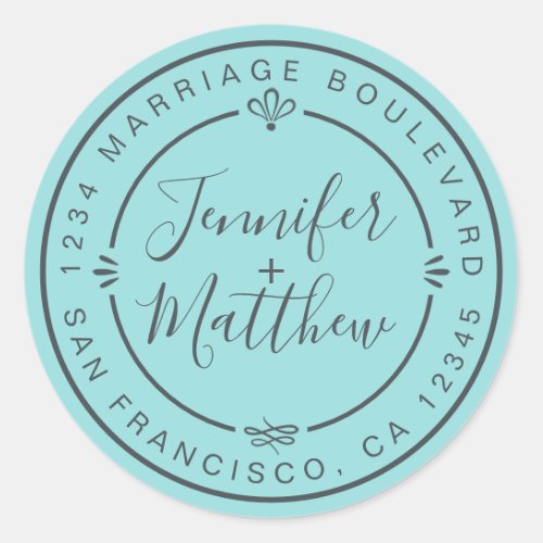 Rustic Chic Wedding Return Address Turquoise Classic Round Sticker