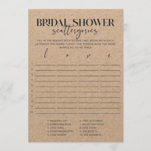 Rustic Chic Wedding Shower Scattergories Game Card
