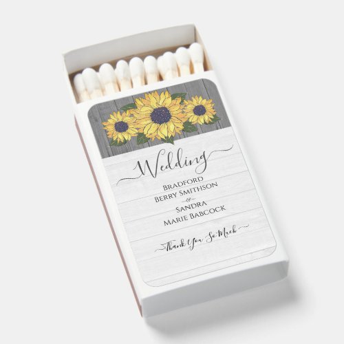 Rustic Chic Wedding Sunflower White Gray Wood Matchboxes