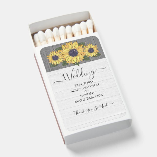 Rustic Chic Wedding Sunflower White Gray Wood Matchboxes (Front Open)