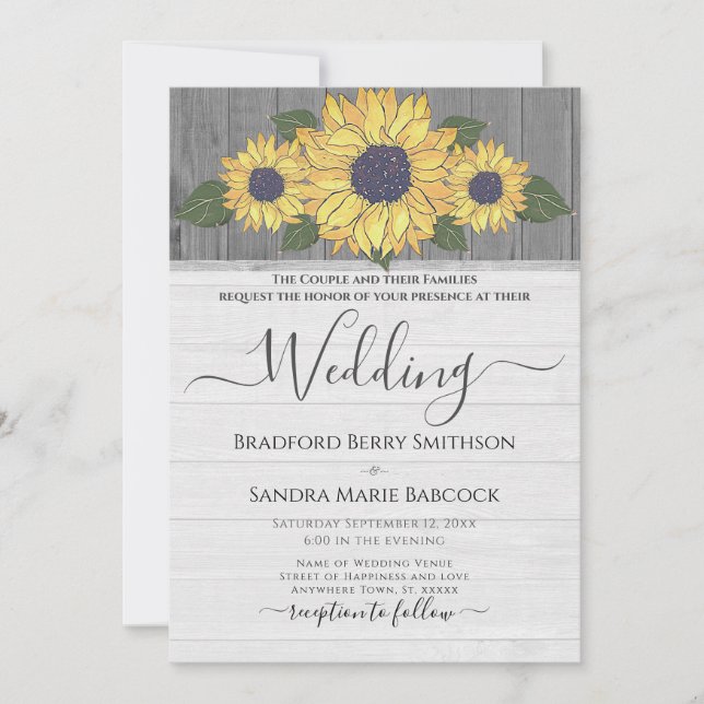 Rustic Chic Wedding Sunflower Yellow Gray Wood Invitation (Front)