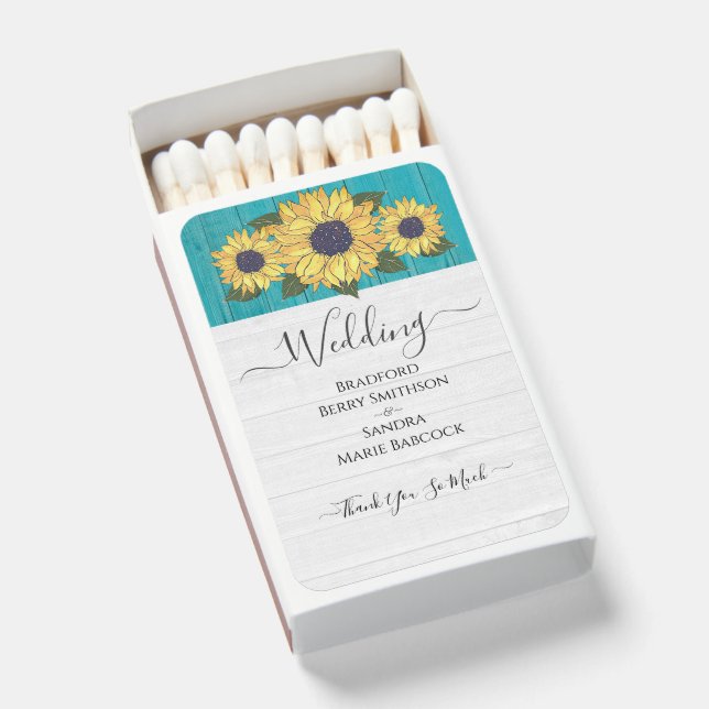 Rustic Chic Wedding Sunflower Yellow Teal wood Matchboxes (Front Open)