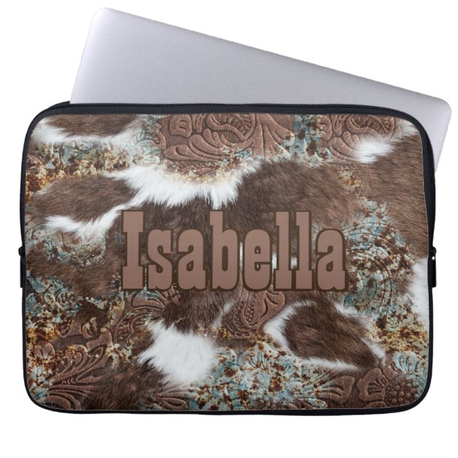 Rustic Chic Western Cowhide Brown Leather Name Laptop Sleeve (Front)
