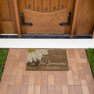 Rustic Chic White Daisy and Brown Barn Wood  Fiber Doormat