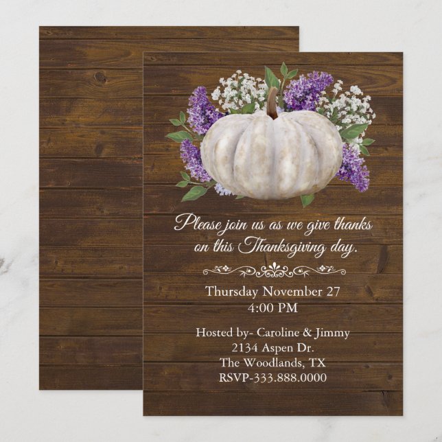 Rustic Chic White Pumpkin Thanksgiving Invitation (Front/Back)