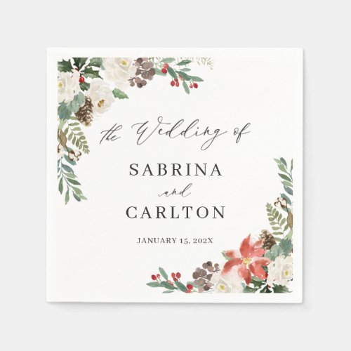 Rustic Chic Winter Floral Holly Berries Wedding Napkins