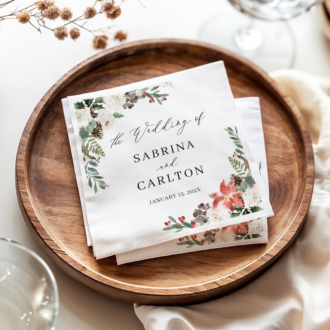 Rustic Chic Winter Floral Holly Berries Wedding Napkins (Creator Uploaded)