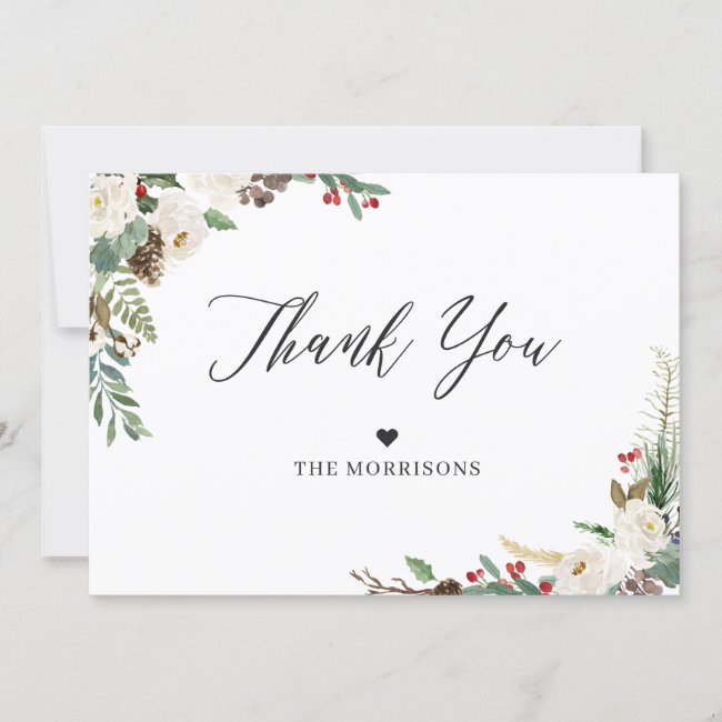 Rustic Chic Winter Floral Holly Berries Wedding Thank You Card