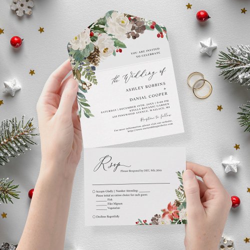 Rustic Chic Winter Floral Pine Berries Wedding All In One Invitation