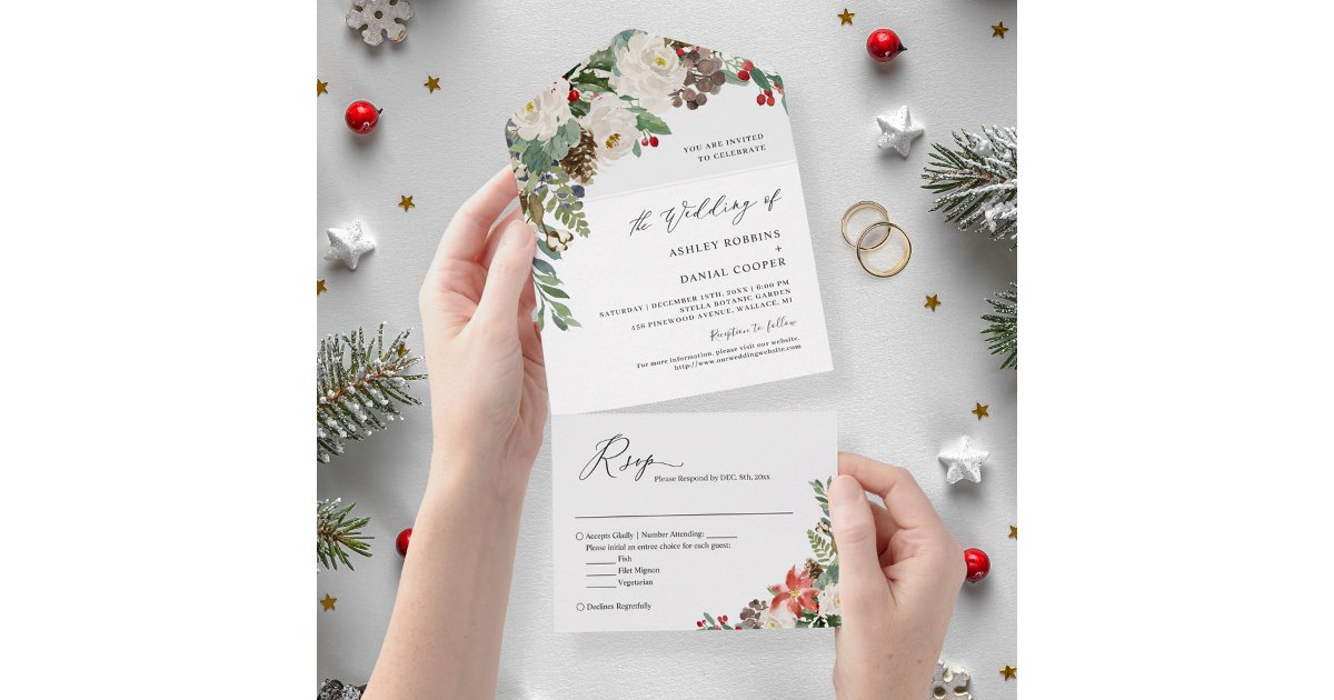 Rustic Chic Winter Floral Pine Berries Wedding All In One Invitation ...