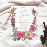 Rustic chic Winter Floral Watercolor baby shower Invitation<br><div class="desc">Experience the enchantment of a winter wonderland with our Rustic Elegant Winter Floral Baby Shower Invitation. This original design features a pretty hand-painted watercolor frame, beautifully blending red flowers, dusty blue hues, and lush pine branches in a wintery and Christmas-inspired floral composition. The elegant script font adds a touch of...</div>