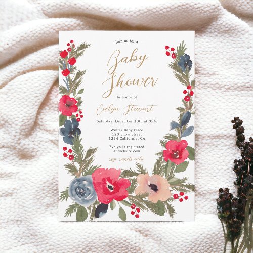 Rustic chic Winter Floral Watercolor baby shower Invitation