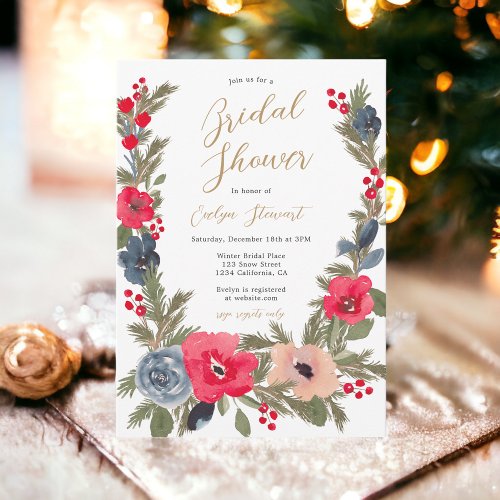 Rustic chic Winter Floral Watercolor bridal shower Invitation