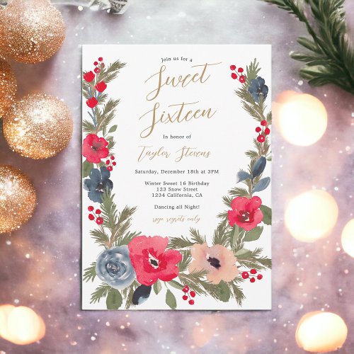 Rustic chic Winter Floral Watercolor Sweet 16 Invitation