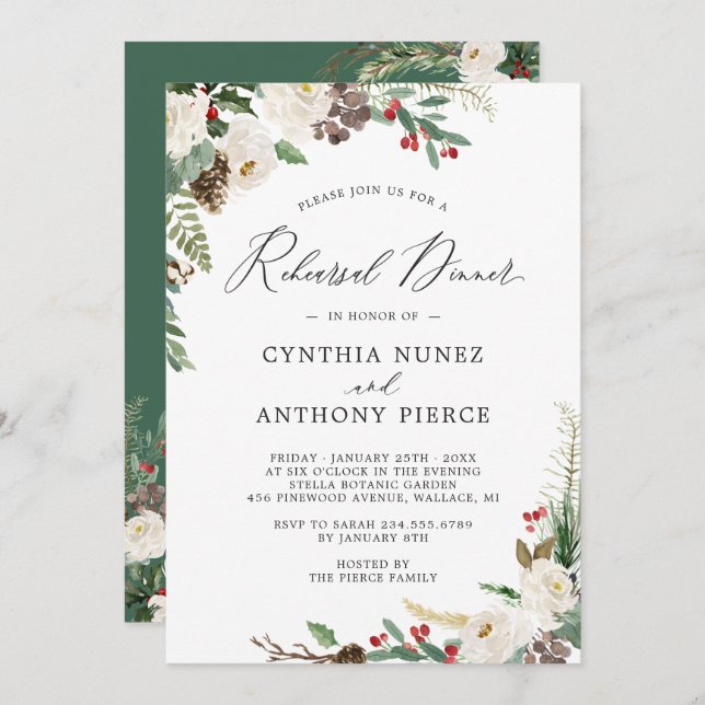 Rustic Chic Winter Floral Wedding Rehearsal Dinner Invitation (Front/Back)