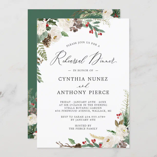 Rustic Chic Winter Floral Wedding Rehearsal Dinner Invitation | Zazzle