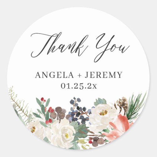 Rustic Chic Winter Floral Wedding Thank You Classic Round Sticker