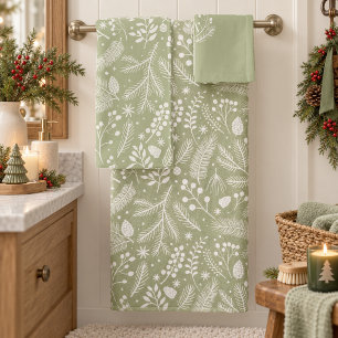 Rustic-Chic Winter Foliage Sage Green Ivory ID1335 Bath Towel Set