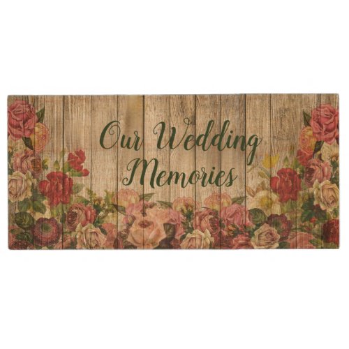 Rustic Chic with Colorful Roses Wedding Wood Flash Drive