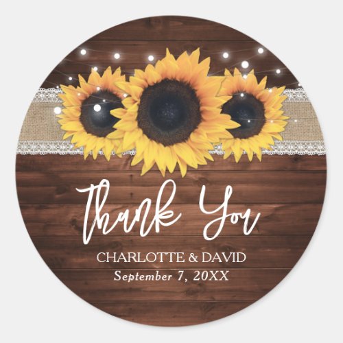 Rustic Chic Wood Burlap and Lace Sunflower Classic Round Sticker