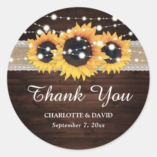 Rustic Chic Wood Burlap and Lace Sunflower Classic Round Sticker